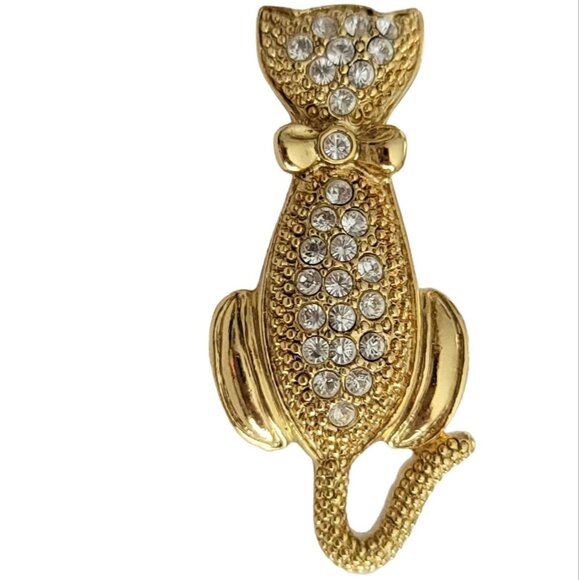 1928 Brand Gold Tone Clear Rhinestone Cat Brooch Pin K17 - Picture 7 of 7